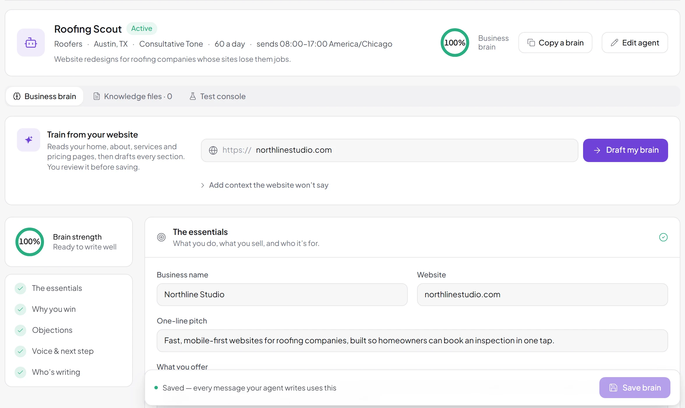 An AI agent in Leads Ranger with its Business Brain at 100%: the business, its one-line pitch and every section filled, trained from its own website.