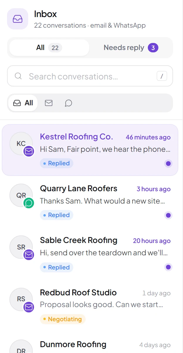 The Leads Ranger inbox: conversations with roofing companies over email and WhatsApp, each tagged Replied, Negotiating or In Sequence.