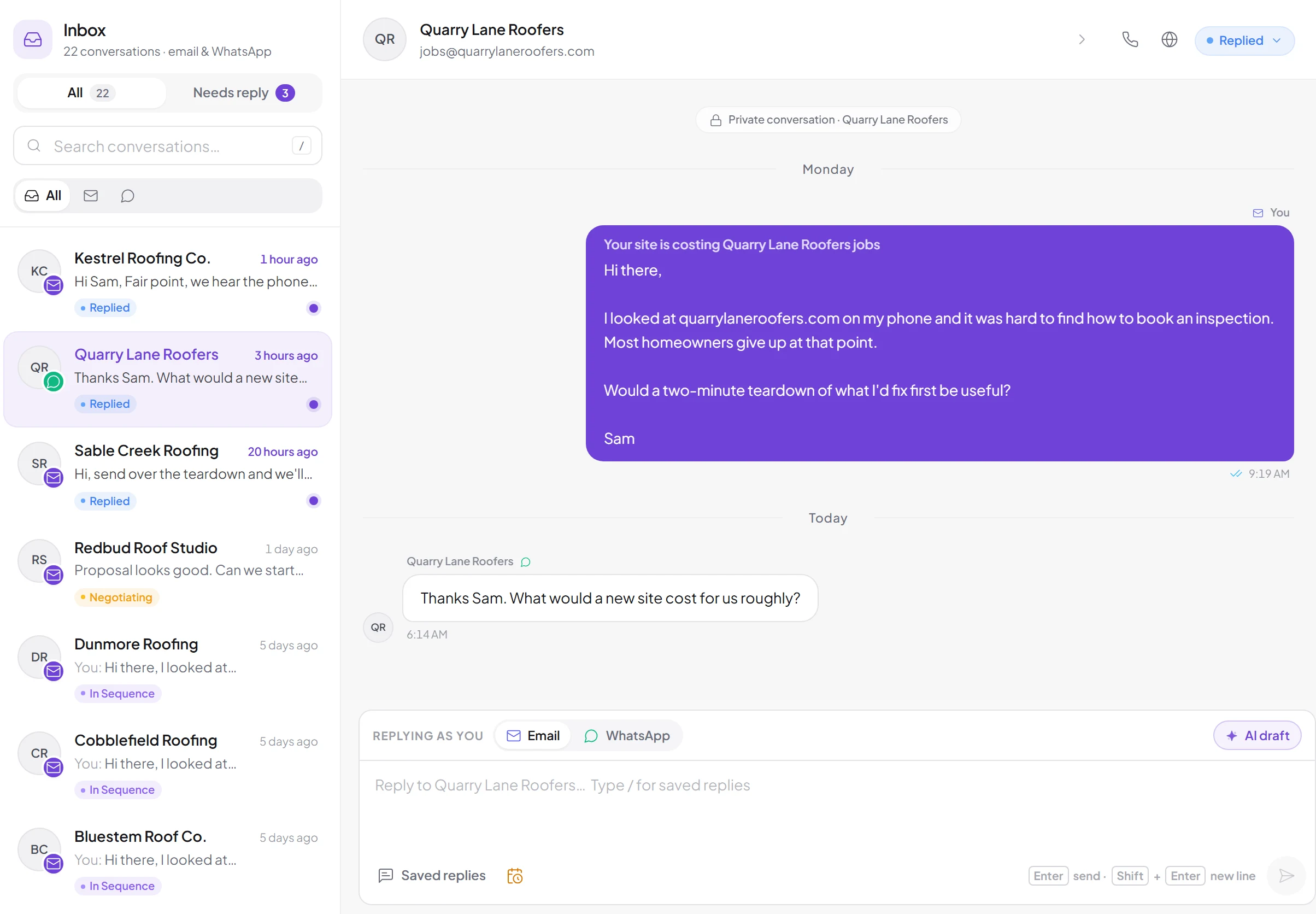 A conversation in the Leads Ranger inbox: an email to Quarry Lane Roofers about their website, and their reply on WhatsApp asking what a new site would cost.
